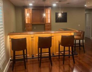 Birds eye maple home bar and bar rails.