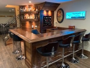 Walnut home bar top and rail.