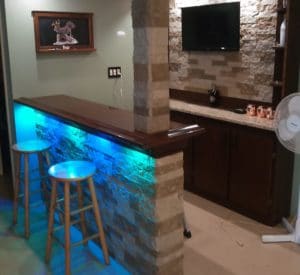 Red oak home bar top and bar rail