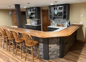 Home Bar with solid oak bar top.